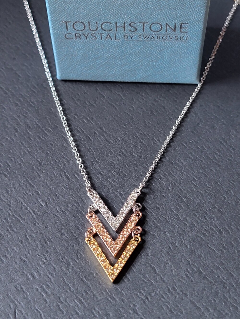 Touchstone Crystal by Swarovski "Triple V Necklace" Rose Gold, Gold, Rhodium